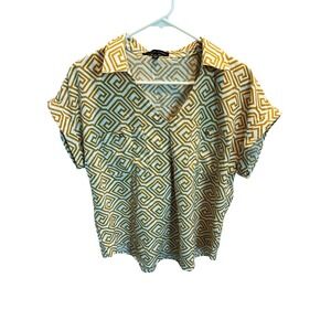 Adrienne Vittadini Gold Geometric Print Blouse Short Sleeve Size Large